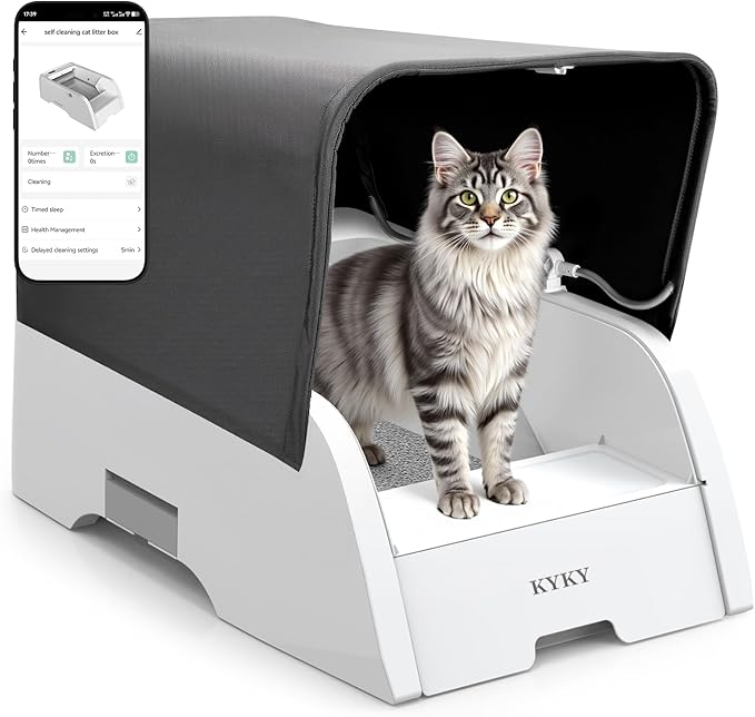 Self Cleaning Litter Box, Upgraded Automatic Cat Litter Box Self Cleaning with APP Control, Large Open Design for Single/Multiple Cats, Anti Pinch and Odorless（with Canopy）