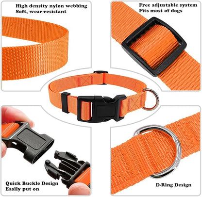 Dog Collar Orange Basic Adjustable Dog Collars with Breathable Quick Release Nylon Pet Collar for Puppy Small Medium Large Dogs Boy