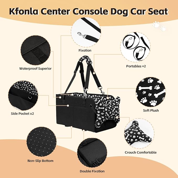 Center Console Dog Car Seat, Portable Pet Cat Puppy Booster Armrest Carseat, Anti-Collapse Pet Car Seat with Safety Leash, Adjustable Straps, Storage Pockets, Support Pet Up to 15lbs (Black)