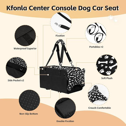Center Console Dog Car Seat, Portable Pet Cat Puppy Booster Armrest Carseat, Anti-Collapse Pet Car Seat with Safety Leash, Adjustable Straps, Storage Pockets, Support Pet Up to 15lbs (Black)