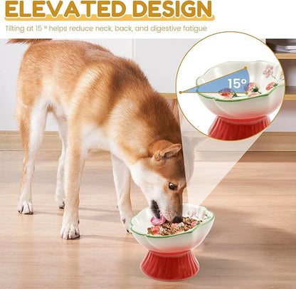 Raised Slow Feeder Cat Bowl, Ceramic Elevated Small Cat Food Bowl, 15°Titled Food Bowls Small Dogs Slow Feeder, Strawberry Shaped Cute Pet Dish for Dry and Wet Foods(Pink)