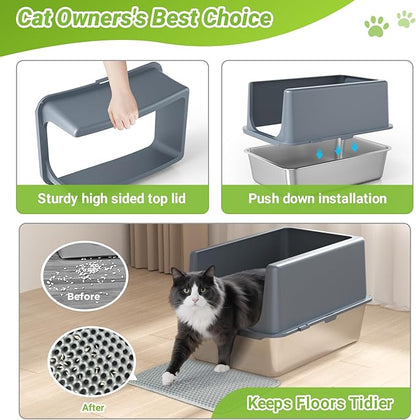 LIHONG Stainless Steel Cat Litter Box, XL Metal with Lid, Cat Litter Pan for Large Cats, Non-Sticky Large Kitty Litter Box, Anti-Leakage, 23.5" X 15.5" X 14" XXL