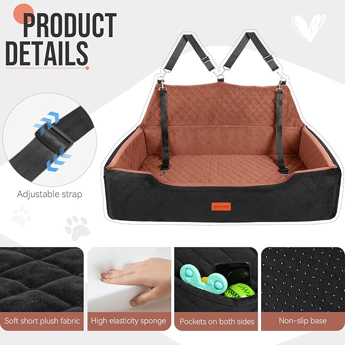 HEGGCOOE Large Dog Car Seat Under 100 lbs, Washable Dog Car Bed for 2 Medium Dogs, Detachable Pet Booster Seat with Storage Pocket and Seat Belt for Back Seat Dog Travel Bed
