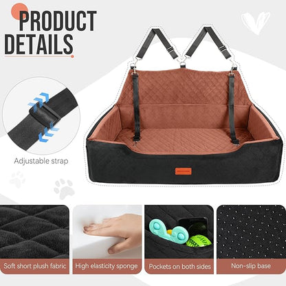 HEGGCOOE Large Dog Car Seat Under 100 lbs, Washable Dog Car Bed for 2 Medium Dogs, Detachable Pet Booster Seat with Storage Pocket and Seat Belt for Back Seat Dog Travel Bed
