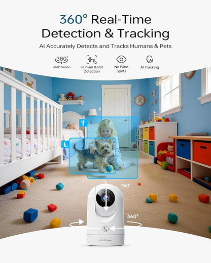 FOSCAM 4K Indoor Camera, Full Space Sense WiFi Camera with 360° Radar Auto-Tracking Baby Monitor & Pet Camera - No-Blind-Spot View, One Touch Call, Human/Motion/Sound Detection, Compatible with Alexa