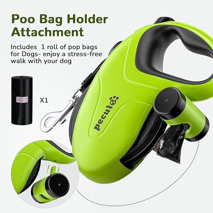 Pecute 26ft Retractable Dog Leash with Poo Bag Holder, Chew Proof Dog Leash with 360° Tangle-Free Extended, Anti-Slip Handle & Quick Brake Button, Suitable for Dogs Up to 110lbs in Weight