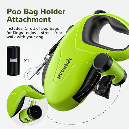 Pecute 26ft Retractable Dog Leash with Poo Bag Holder, Chew Proof Dog Leash with 360° Tangle-Free Extended, Anti-Slip Handle & Quick Brake Button, Suitable for Dogs Up to 110lbs in Weight