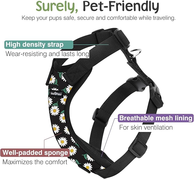 VavoPaw Dog Seat Belt, Safety Vest Dog Car Harness with Adjustable Buckle Dog Seat Belt for Vehicle Nylon Pet Safety Seat Belts Heavy Duty(L, Black Daisy)