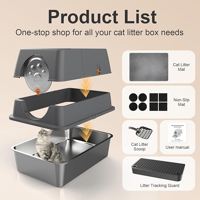 Stainless Steel Litter Box with Lid XL Extra Large Litter Box Enclosed Top Entry Metal Litterbox for Big Cats Easy Cleaning Anti-Leakage & High Sided with Mat Aisle & Scoop, Dark Grey