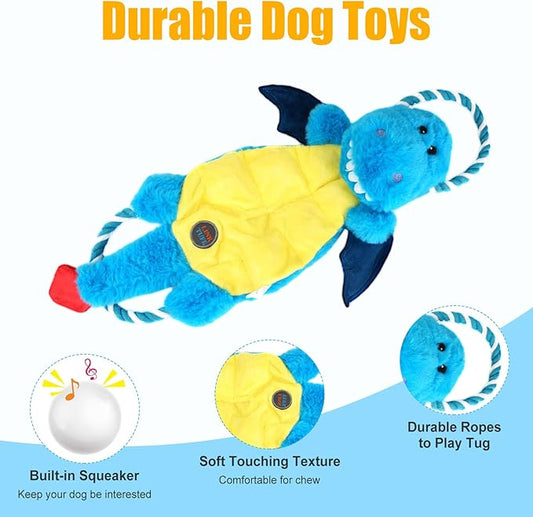 Interactive Squeaky Dog Chew Toy, Tough Plush Dog Toys for Chewers, Small, Medium & Large Dogs, Plush with Double Rope Handles for Tug of War, Mess-Free, Blue