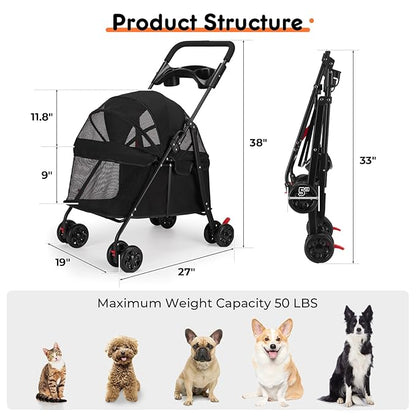 Foldable Pet Stroller for Small/Medium Pets up to 22 lbs - Lightweight 4-Wheel Design with Sun Canopy, Storage Bag & Breathable Mesh（Black