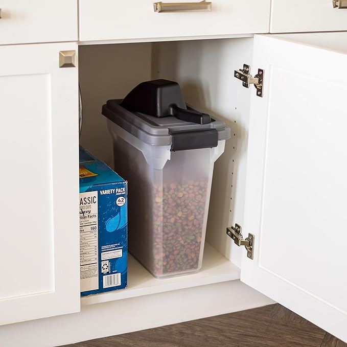 IRIS USA Dog Food Storage Container, Airtight Lid, 2-Cup Scoop, Up to 13 Pounds Pet Food Storage, Versatile Pet Food Bin, Treats, BPA Free, Dark Gray