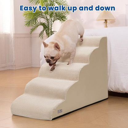 5 Step Dog Stairs for High Bed – Pet Steps for Small Dogs, Non-Slip Dog Ramp with Washable Cover, Pet Ladder for High Beds,Beige