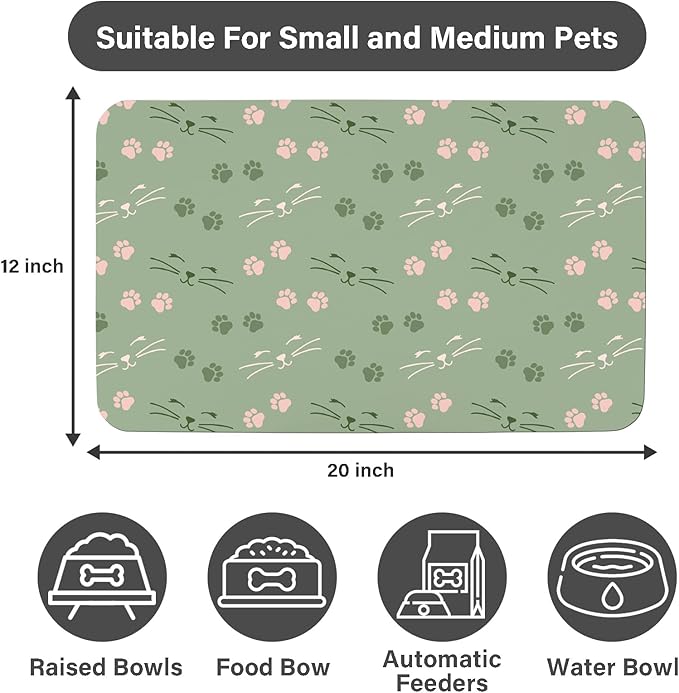 Patterned Cat & Dog Bowl Mat for Food and Water, 12"×20" Quick Dry Absorbent Pet Feeding Mat, Eco-Friendly Dog Placemat