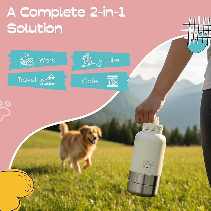 Love Wag & Play Dog Water Bottle with Food Bowls, Portable Stainless Steel Bottle for Dogs, Leakproof Travel Design with Detachable Bowls for Walks, Hikes and Outdoor Adventures (32 oz)