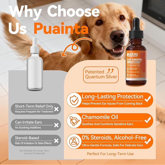 Dog Ear Drops with Finger Cots, Natural Dog Ear Cleaner and Infection Treatment, Quantum Silver Dog Ear Cleaning Solution for Itching, Irritation & Wax Build-Up,1oz