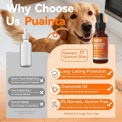 Dog Ear Drops with Finger Cots, Natural Dog Ear Cleaner and Infection Treatment, Quantum Silver Dog Ear Cleaning Solution for Itching, Irritation & Wax Build-Up,1oz
