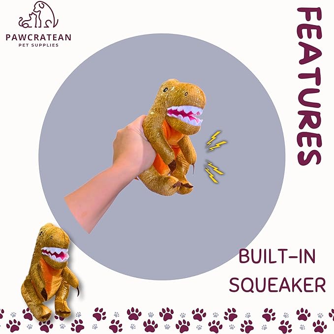 7" Squeaky Plush Toy for Puppies Small Dogs Self Etertainment Washable Soft Made [PET ONLY] (Brown Dinosaur)