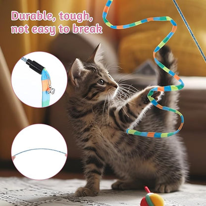 2 Pcs Interactive Cat Rainbow Wand Toys, Cat Teaser Wand and String Toy Colorful Ribbon Strong and Sturdy Pole with Small Bells for Indoor Cats and Kittens to Play Chase Exercise for Fun