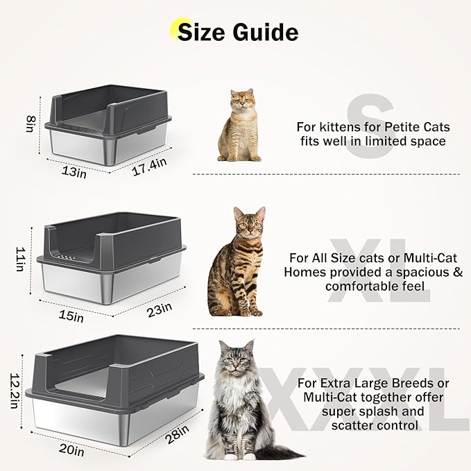 Stainless Steel Litter Box Extra Large for Big Cats Multi-Cats, Jumbo Extra Large Metal Cat Litter Box with High Sided Lid, Anti-Urine Leakage, Non-Stick,Include Litter Scoop