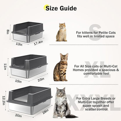 Stainless Steel Litter Box Extra Large for Big Cats Multi-Cats, Jumbo Extra Large Metal Cat Litter Box with High Sided Lid, Anti-Urine Leakage, Non-Stick,Include Litter Scoop