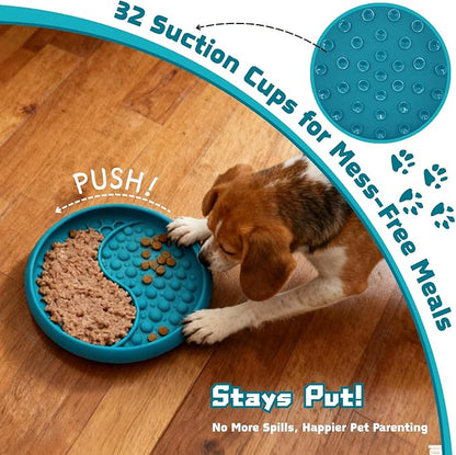 Dog Lick Bowl, Non-Slip Slow Feeder Dog Bowl, Silicone Licking Mat with Treat Dispenser, Entertainment Dog Puzzle Play, Feeder Bowl to Relieve Anxiety, Dishwasher Safe,with Brush & Spatula(Dark Teal)