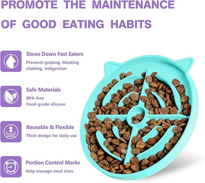 MateeyLife Slow Feeder Cat Bowl, 2 Pcs Cat Puzzle Feeder, Non-Slip Silicone Cat Dish, Prevent Overeating Cat Slow Feeder for Dry and Wet Food, Pet Bowls to Slow Down Eating, Easy to Clean
