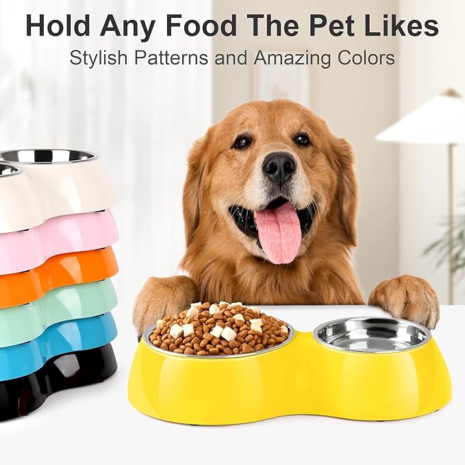 Elevated Dog Bowls Set - Non-Slip Raised Pet Feeder with Medium (2 Cups) & Large (4 Cups) Stainless Steel Bowls - Includes Durable Resin Stand for Corgi Puppies and Adult Cats - Yellow