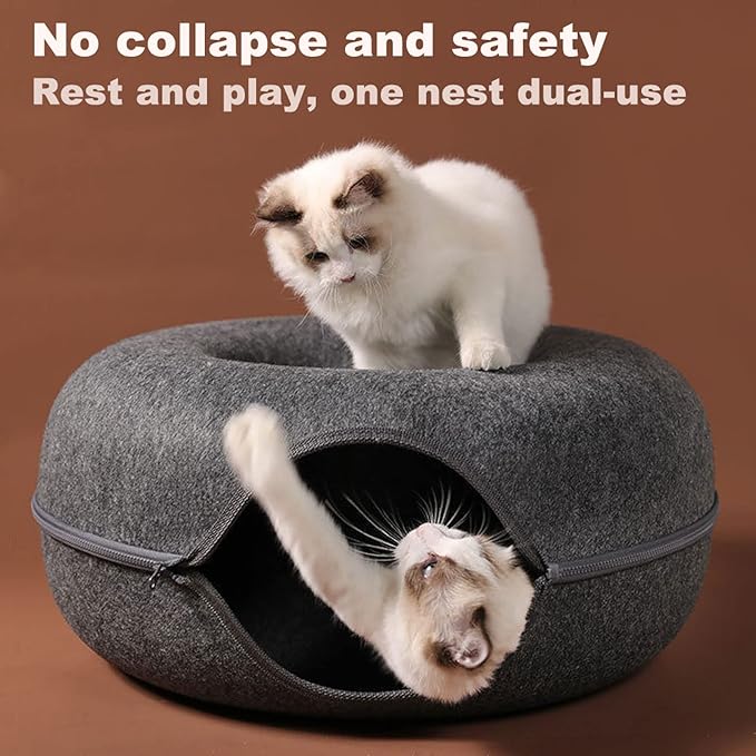 Large Cat Tunnel Bed for Indoor Cats with 3 Toys, Scratch Resistant Donut Cat Bed, Up to 30 Lbs (L 24x24x11, Dark Grey)