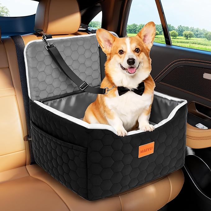 Dog Car Seat for Small Medium Dogs Under 35lbs - Dog Booster Car Seat with Adjustable Straps,Elevated Detachable Washable Pet Travel Cat Bed with Storage Pockets,2 Safety Belts (Grey)