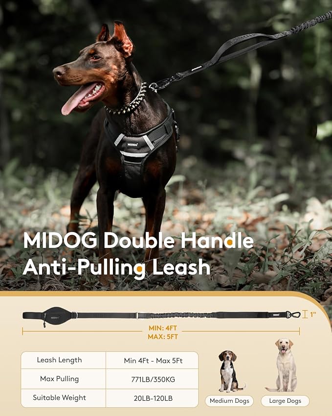MIDOG Dog Leash with Zipper Pouch,Multifunctional Bungee Leash for Medium to Large Sized Dog Walking