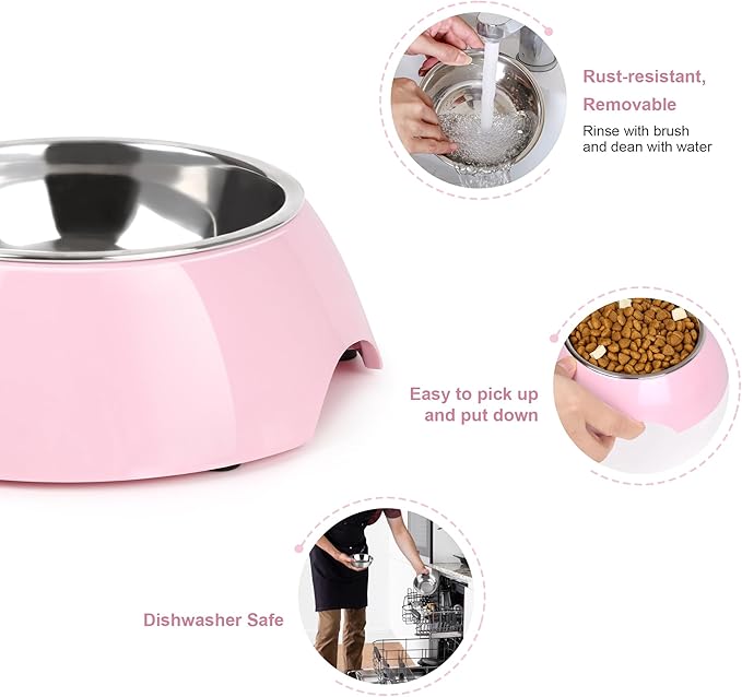Double Dog Bowls Set – Non-Slip Pet Food & Water Dishes with Resin Stand, Includes Small (1 Cup) & Medium (2 Cups) Bowls – Ideal for Puppies and Cats– Pink