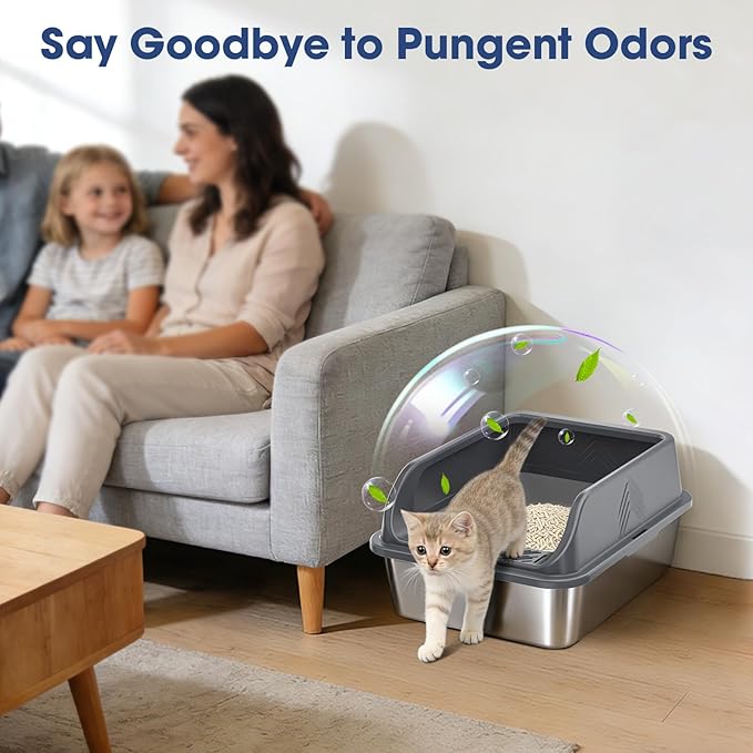 Small Stainless Steel Litter Box with Lid for Kitten, Metal Cat Litter Boxes High Sided Enclosed for Injured Cats and Rabbit, Anti-Urine Leakage | Non-Stick Bottom & Includes Scoop