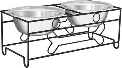Set of 2 Stainless Steel Dog Bowls - 40oz Pet Bowls with Decorative Dog Food Stand - Metal Food and Water Dishes for Large Pets - Puppy Essentials by PETMAKER (Silver/Black)