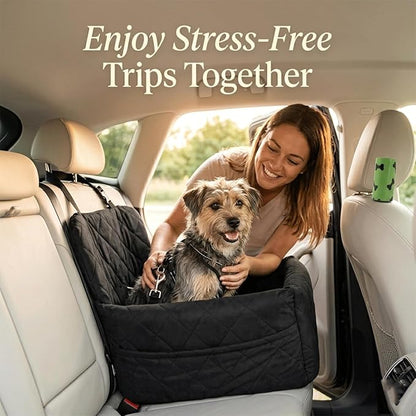 Small Dog Car Seat & Medium Dogs with 4 Rolls of Poo Bags, Booster Seat with Detachable Washable Cover, Travel-Safe with Safety Belts & Storage Pockets, Made with Soft Cotton & Durable Polyester