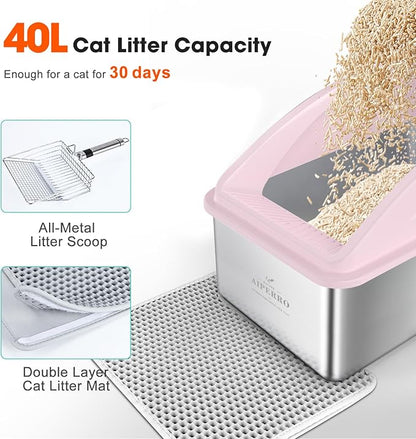 Stainless Steel Litter Box | XXL Deepened 8" Design Enclosed Box with Lid for Big Cats | High Sided, Anti-Urine Leakage | Non-Stick Bottom & Includes Litter Mat & Metal Scoop(Cute Pink)