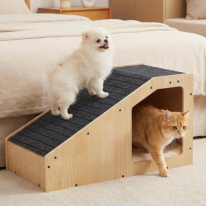 Veehoo Small Dog Ramp for Bed Couch, Wooden Ramps for Dogs to Get on Bed Couch with Cat Cave Condo Non Slip Surface and Bottom Pad, 16" Wide Doggy Stairs Puppy Steps Small Pet Ramp Ladder for Indoor