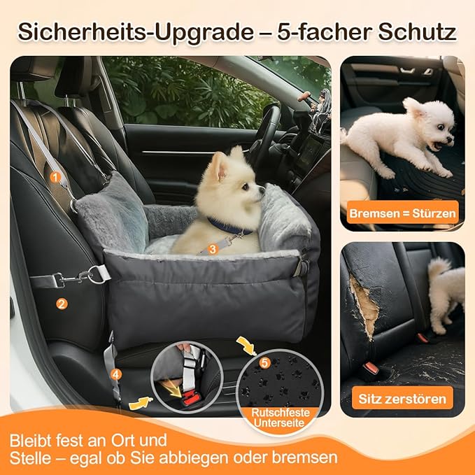 SIVES Dog Car Seat for Small Dogs, Soft Booster Seat Travel Bed with Side Flaps, Non-Slip Base, Seat Belt Straps + Safety Tether, Storage Pocket, Washable Cushion, Recommended Up to 33 lbs, Grey