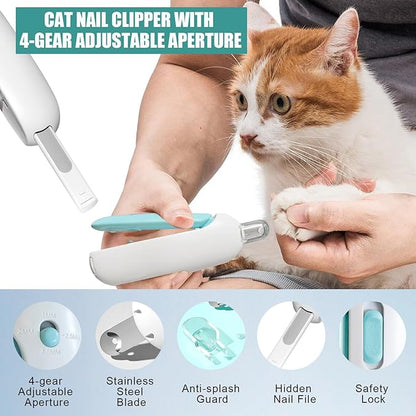 Cat Nail Clipper with Adjustable Aperture, Cat Nail Trimmer with Safety Guard & Nail File, Safe Pet Claw Clipper Grooming Tool to Avoid Over Cutting, Professional Pet Nail Cutter for Beginners (Blue)