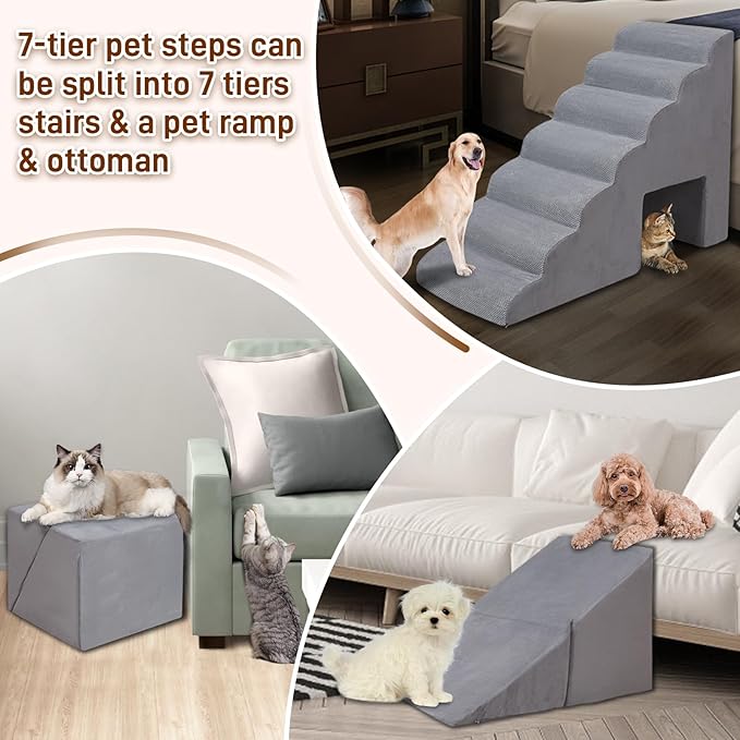 7-Step Dog Stairs for Bed 30-36" H, Dog Steps for High Bed, Pet Steps for Small, Older Pets, Non-Slip Balanced Pet Ramp Indoor, Grey