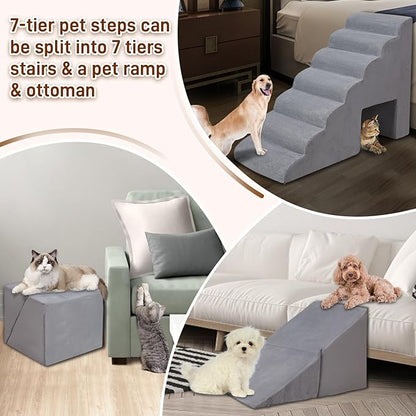 7-Step Dog Stairs for Bed 30-36" H, Dog Steps for High Bed, Pet Steps for Small, Older Pets, Non-Slip Balanced Pet Ramp Indoor, Grey