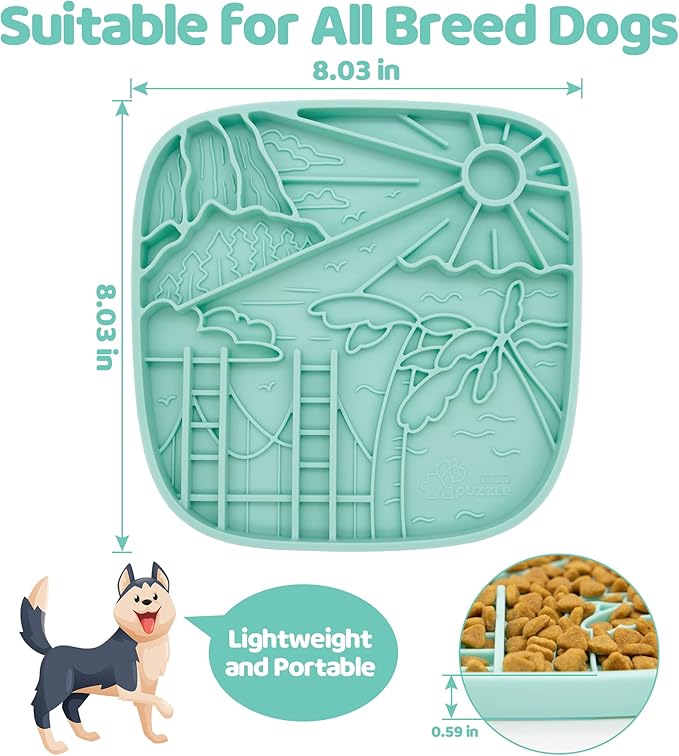 Puzzle Feeder Snuffle Mat and Lick Mat for Dogs, California Textured Slow Feeder, 0.75 Inch Thin Silicone Mat Holds 3 Cups, Dishwasher and Microwave Safe, Green