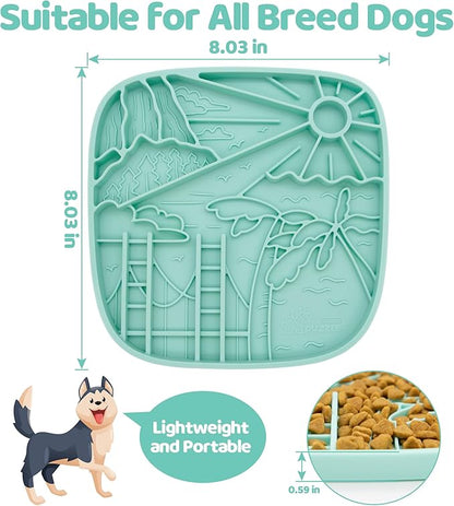 Puzzle Feeder Snuffle Mat and Lick Mat for Dogs, California Textured Slow Feeder, 0.75 Inch Thin Silicone Mat Holds 3 Cups, Dishwasher and Microwave Safe, Green