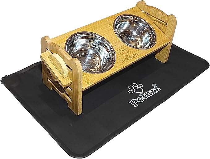 Dog Bowls Elevated Adjustable Height – Bamboo Raised Feeding Stand with Stainless Steel Bowls, for Dogs & Cats, Cat Bowls Elevated, 6 Height Levels, 15° Tilt & Includes Waterproof Feeding Mat