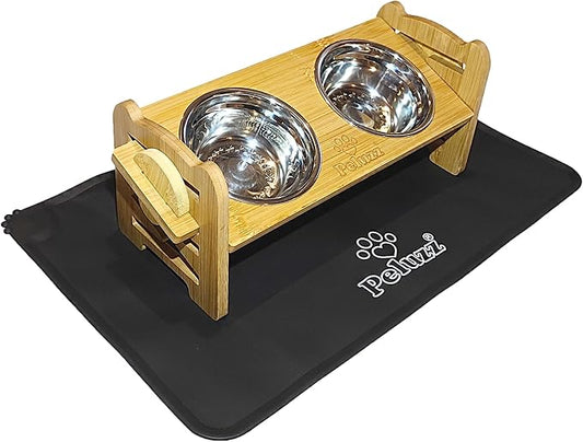 Dog Bowls Elevated Adjustable Height – Bamboo Raised Feeding Stand with Stainless Steel Bowls, for Dogs & Cats, Cat Bowls Elevated, 6 Height Levels, 15° Tilt & Includes Waterproof Feeding Mat