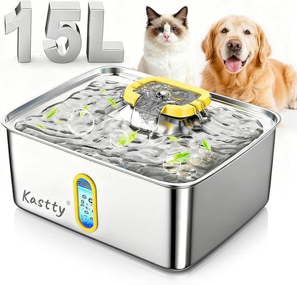 Kastty 15L/3.96 Gal Stainless Steel Dog Water Fountain, Large Capacity Dog Water Bowl Dispenser Quiet LED Light Triple Filtration Cat Water Fountain,Pet Water Fountain Easy Clean(FS78,Yellow)
