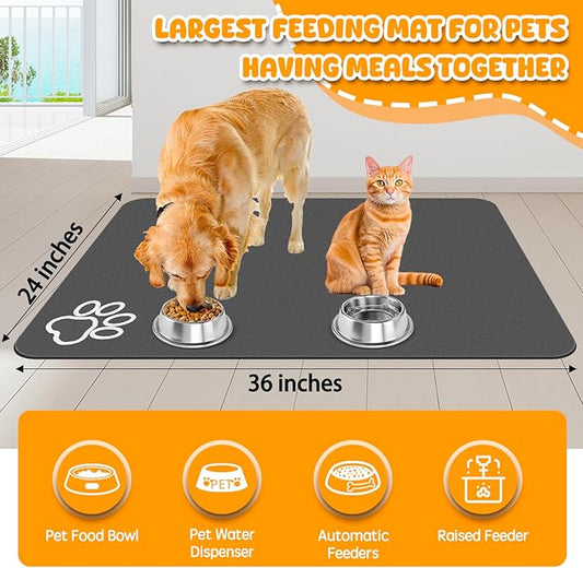 Dog Food Mat, 36" x 24" Extra Large Absorbent Dog Mat for Food and Water, Non Skid Cat Bowl Mat, No Stains Quick Dry for Pet Water Dispenser Pet Supplies for Messy Drinkers