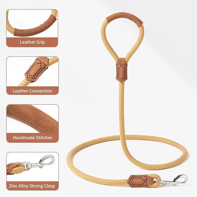Mile High Life | Premium Leather Handle Dog Leash | Strong Rope Leash | Zinc Alloy Strong Clasp | Small Medium Large Dogs | 4/5/6 Feet(Yellow, 72 Inch (Pack of 1))