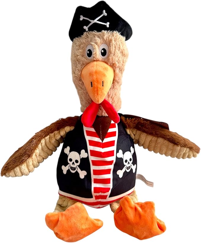 Pirate Chicken Dog Toy – 18 Inch Plush Squeaky Dog Toy with Internal Rope, Durable Crinkle Wings, Soft Stuffed Interactive Toy for Medium & Large Dogs – Funny Durable Pet Toy (Brown)