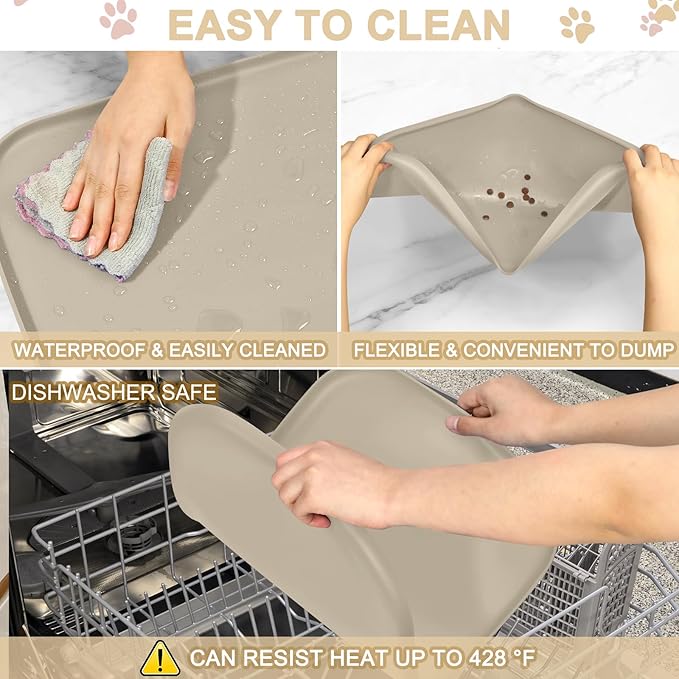 Silicone Pet Food Mat with Raised Edge for Food and Water Bowl, Dog Feeding Mats, Cat Food Trays for Floor Waterproof, Rubber Tray for Dogs and Cats, 22 x 14 x 0.8 Beige